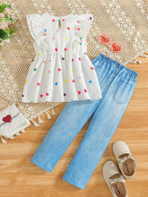 Girls' Sweetheart Heart Printed Double-Layered Sleeveless Blouse With Waist Tie + Heart Print Denim Casual Pants Set